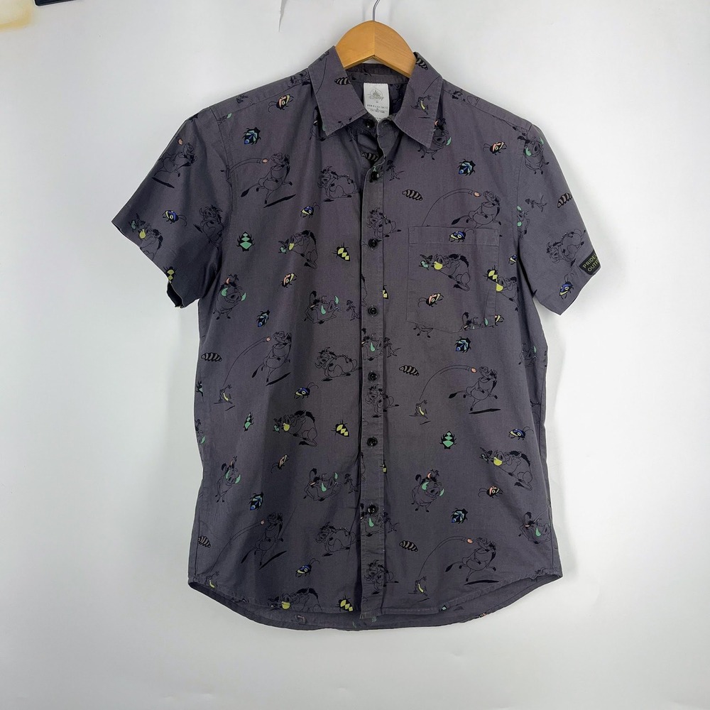 Disney Lion King Timon Pumbaa Button‎ Down Shirt Mens Short Sleeve Woven Size M